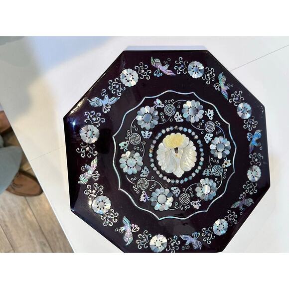 Asian Lacquer Abalone Black Octagonal Compartment Box Large trinket jewelry - Picture 4 of 8